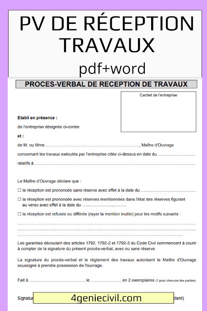 PV de réception travaux modèle gratuit word et pdf Exemple devis
