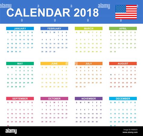 Usa Calendar For 2018 Scheduler Agenda Or Diary Template Week Starts