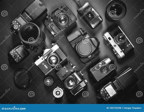 Collection Vintage Film And Digital Cameras On Black Background Top
