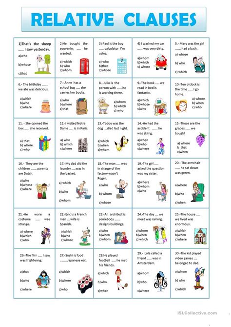 They are most often used to define or identify the noun that precedes them. RELATIVE CLAUSES worksheet - Free ESL printable worksheets ...