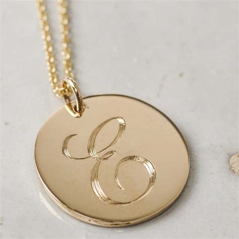 Large Solid Gold Engraved Initial Pendant Necklace Hand Etsy