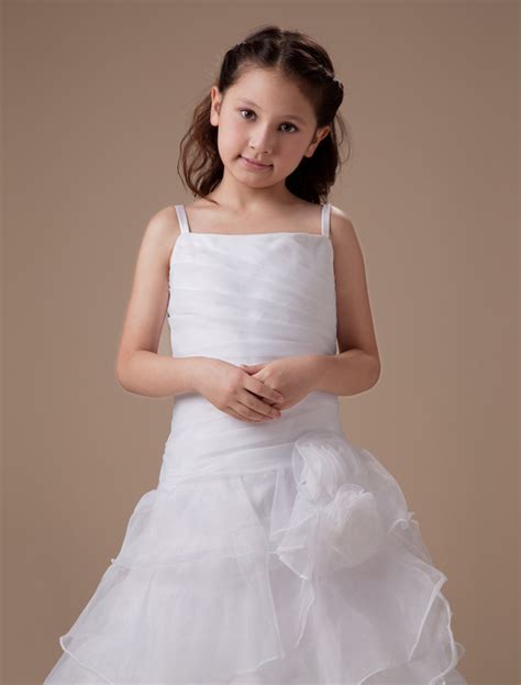 White Satin Flower Girl Dress Straps Tiered Tulle Dress