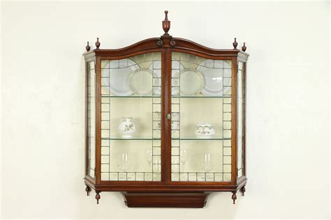 English Antique Wall Hanging Vitrine Or Curio Cabinet Leaded Glass Doors