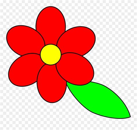 Flower Six Red Petals Black Outline Green Leaf Cartoon Flowers And
