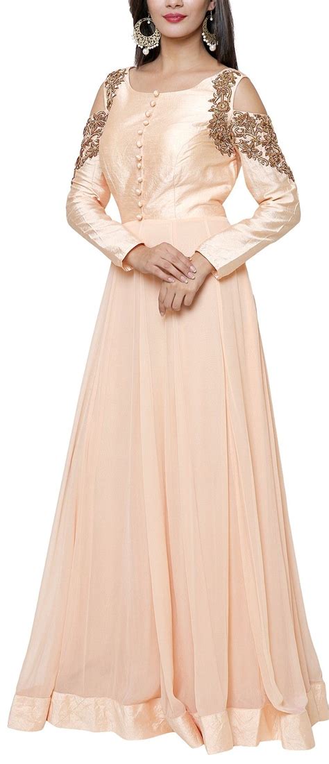 Peach Color Georgette Dress With Dull Gold Embroidery And Cold Etsy