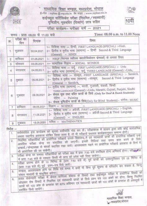 Cbse 12th exam datesheet 2021 highlights. MP Board Class 10th Time Table 2021 टाइम टेबल जारी Hindi ...