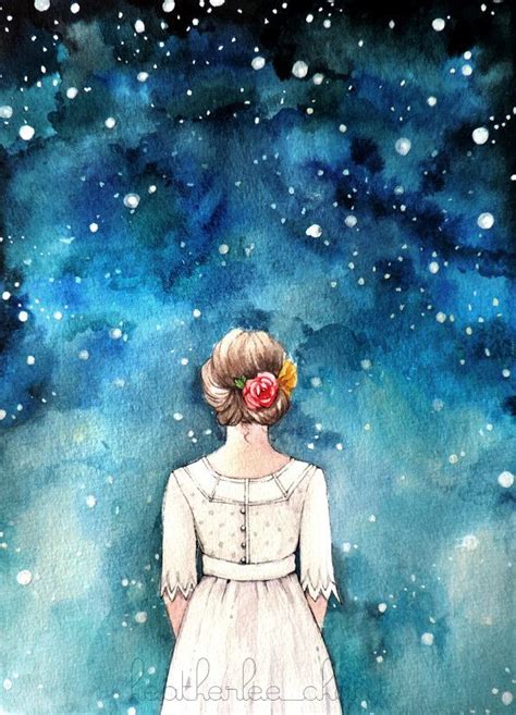 Starry Night Sky And Girl Art Watercolor Print