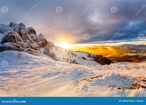 Winter Mountain Sunset Beautiful Winter Landscape At Sunset With