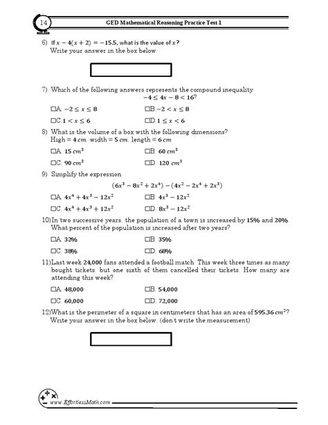 Printable Ged Math Practice Test With Answers