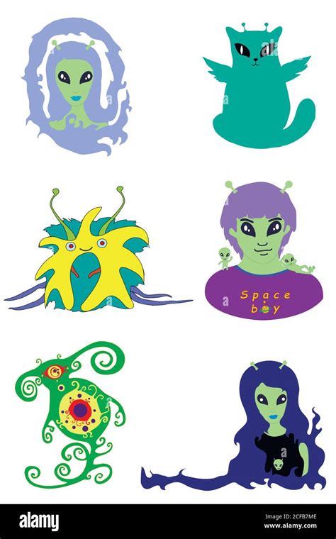 Collection Cartoon Aliens Set Vector Extraterrestrial Faces Is Stock