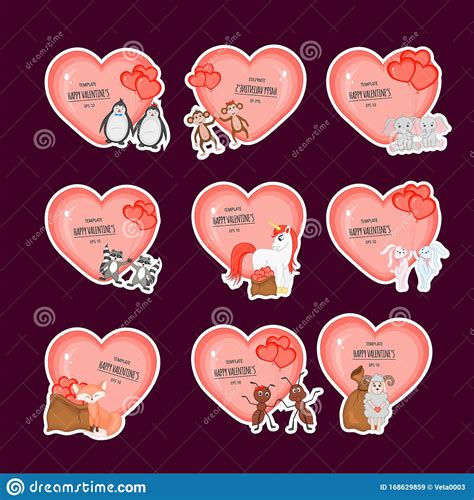 Valentine S Day Set Of Stickers With Hearts And Cute Animals Cartoon