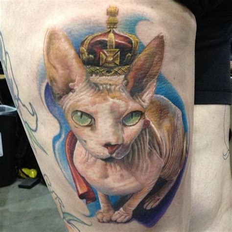 Sphynx Cat Wearing A Crown Tattoo On Leg Tattooimagesbiz