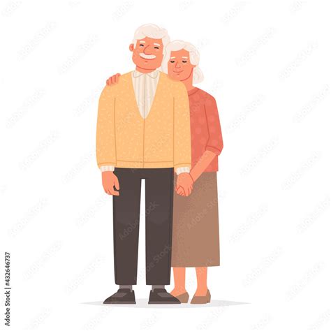 Elderly Couple Holding Hands Grandmother And Grandfather Are Standing Together On A White