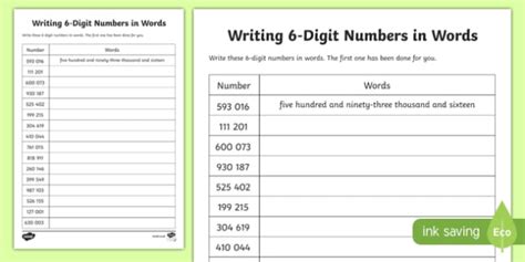 6 Digit Numbers In Words Worksheet