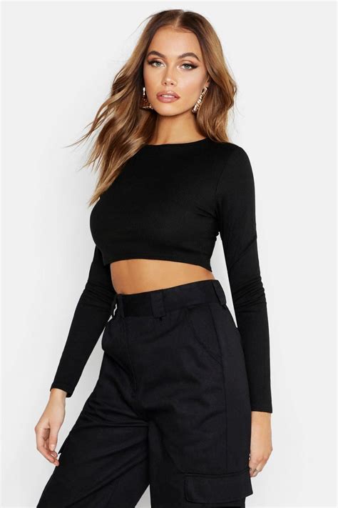 Womens Ribbed Long Sleeve Crop Top Usd Cropped Tops Alternative