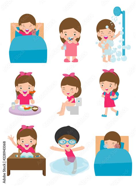 Vecteur Stock Daily Routine Activities For Kids With Cute Girlroutines