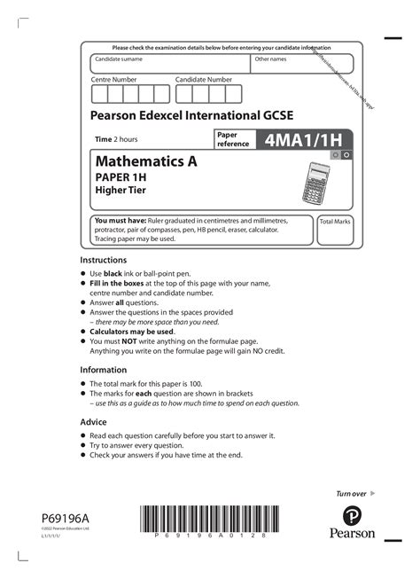 Pearson Edexcel International Gcse Mathematics A Paper 1h Higher Tier