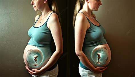 Two Pictures Of A Pregnant Woman In Full Belly Portrait Background