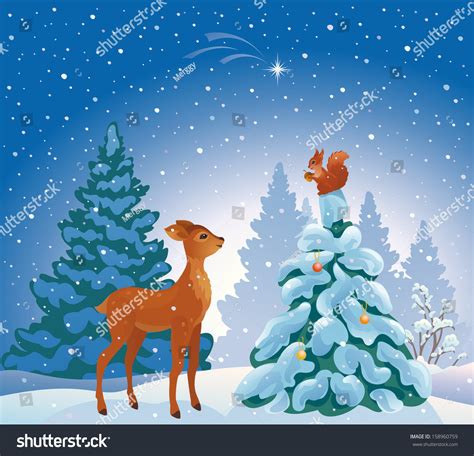 Vector Illustration Christmas Forest Scene Cute Stock