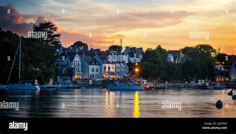 View Of The Scenic Port Of Sainte Marine At Night In Finistère