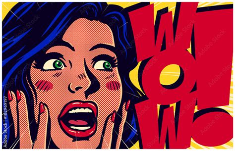 vintage pop art style comic book panel with surprised excited woman saying wow looking at