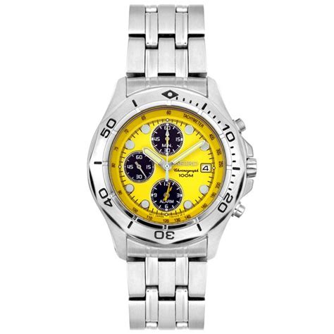 Seiko Mens Yellow Dial Steel Chronograph Watch Free Shipping Today