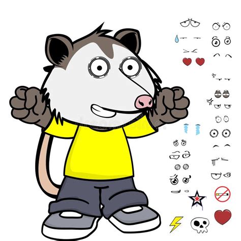 Young Possum Character Cartoon Kawaii Expressions Set Stock Vector