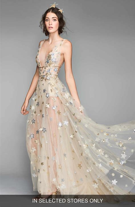 Boho Bohemian Star Print Stars Sheer Wedding Dress Ethereal Whimsical