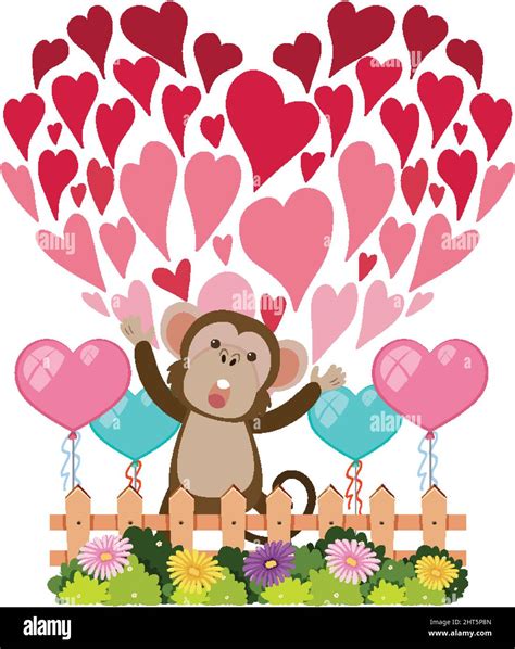 Valentine Theme With A Monkey And Heart Icons In Cartoon Style