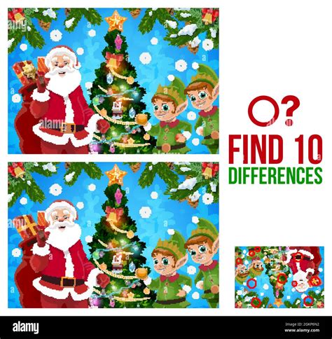 Kids Christmas Find Ten Differences Game With Santa Elfs And Decorated