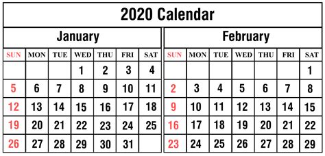 January February 2020 Calendar Printable Template Pdf Word Excel Free