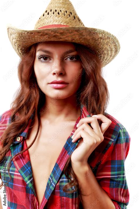 Portrait Of A Beautiful Woman Cowgirl On White Background Stock Foto Adobe Stock