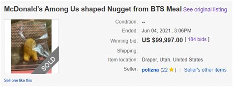 an among us shaped chicken nugget from the bts meal sells for nearly