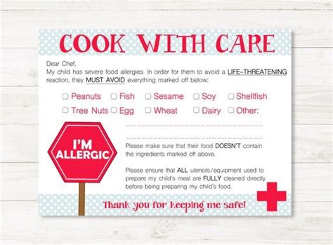 Multiple Allergies Chefrestaurant Cards For Child Medical Alert