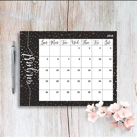 Monthly Calendar Printable Rose Gold 2018 Monthly Calendar Planner