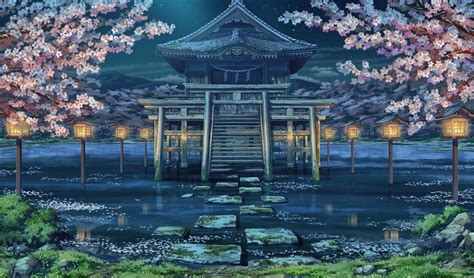 Anime Shrine View Nighttime Japanese Shrine Anime Background
