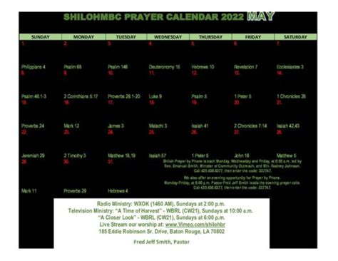 May 2022 Prayer Calendar Shiloh