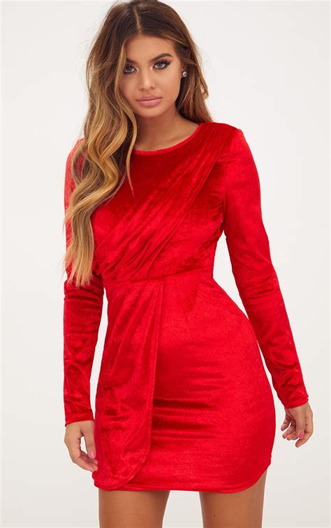 Red Long Sleeved Velvet Wrap Detail Bodycon Dress Prettylittlething Uae