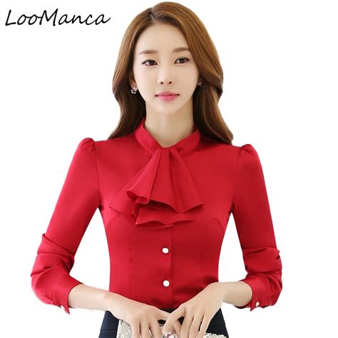elegant ladies long sleeve shirt autumn white red ruffles collar women blouse work wear ol style