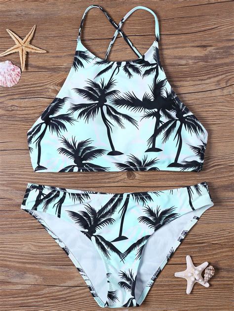 41 Off 2021 High Neck Tropical Print Bathing Suit In Blue Dresslily