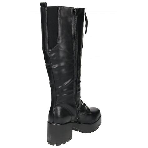 koi footwear black chunky heel platform gothic punk knee high mid combat lace up boots fruugo ca