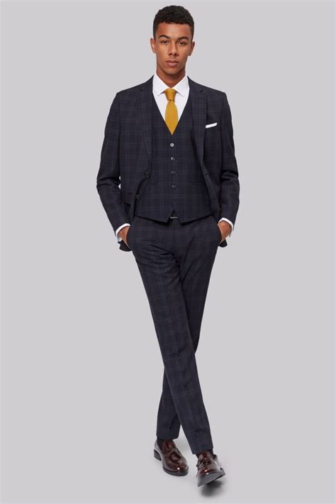 Moss London Skinny Fit Navy Check Jacket Tuxedo For Men Black Tie