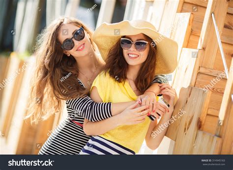 Two Friends Outdoors Two Girls Having Fun Smiling Women Outdoor Two