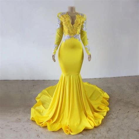 Yellow Long Sleeves Mermaid Prom Dresses 2020 For African Black Girls With Lace Beaded Backless