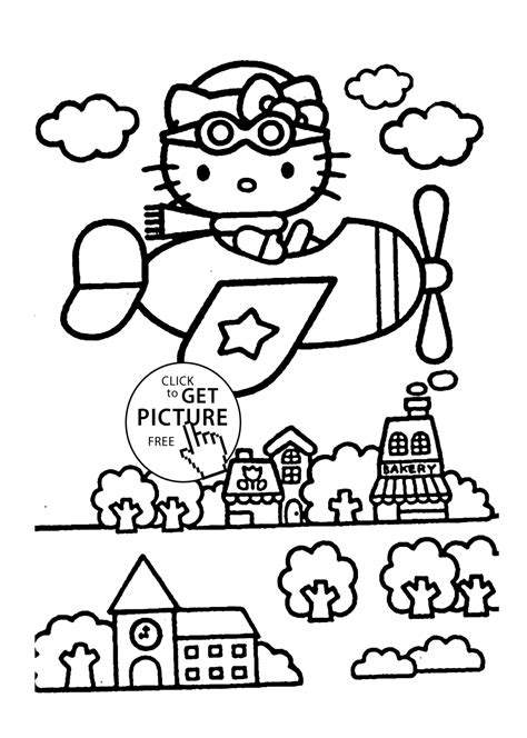 Hello Kitty on airplane - Coloring pages for kids | coloing-4kids.com