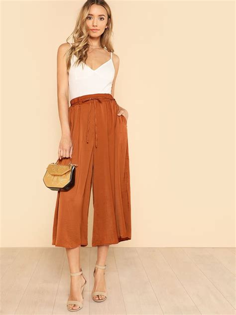 Shop Palazzo Wide Leg Pants With Side Drawstring Tie Bronze Online Shein Offers Palazzo Wide