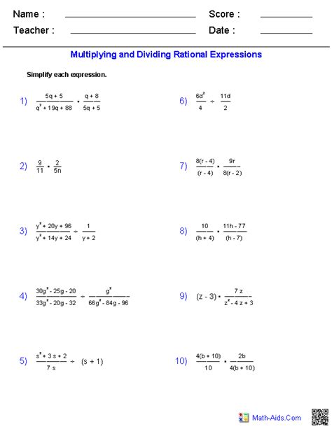 Multiplying And Dividing Rational Expressions Worksheet Answers