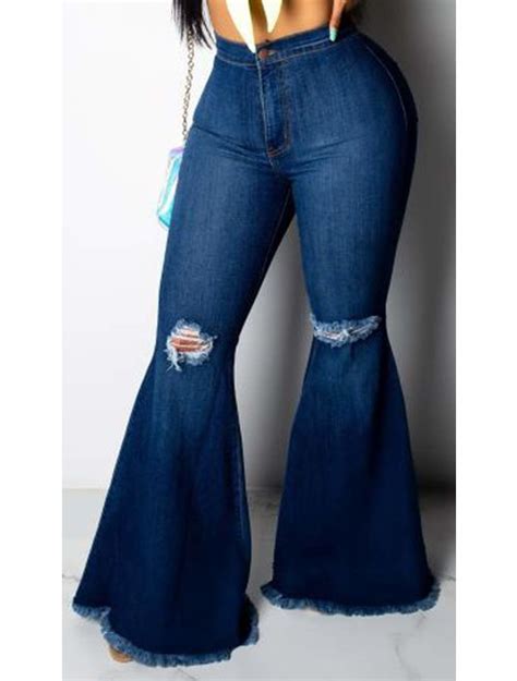 Buy Womens Elastic Ripped Hole Classic Denim Bell Bottom Jeans Online