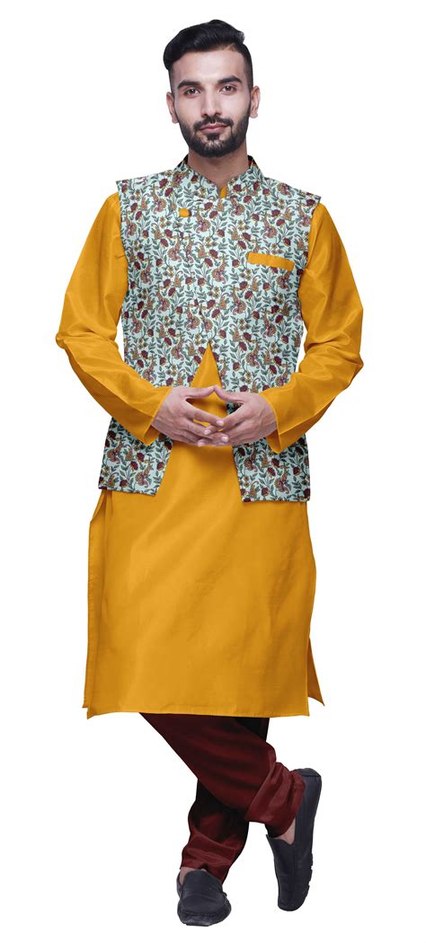 Atasi Men Mandarin Collar Solid Kurta Churidar Pajama Printed Nehru