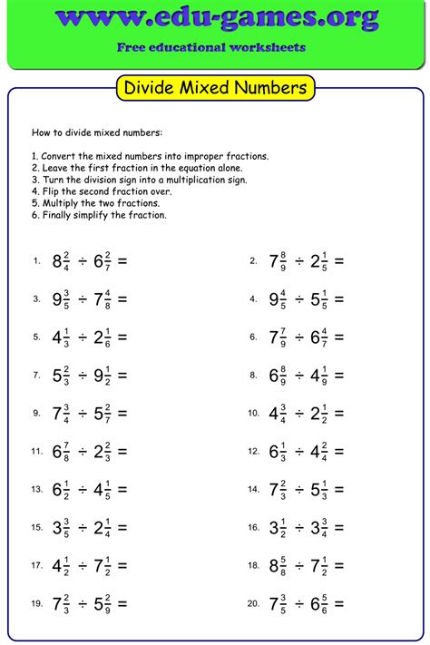 Divide Fractions Mixed Numbers Worksheet